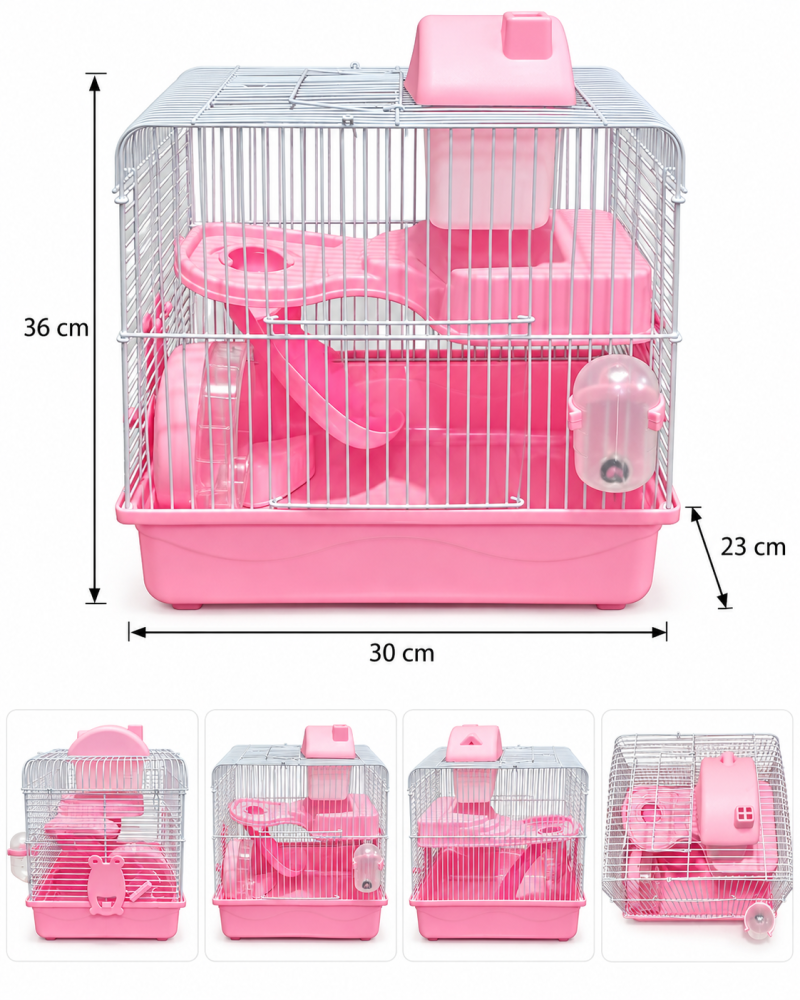 قفص هامستر وردي متعدد الطوابق مع عجلة جري وملحقات | Pink Multi-Level Hamster Cage with Accessories