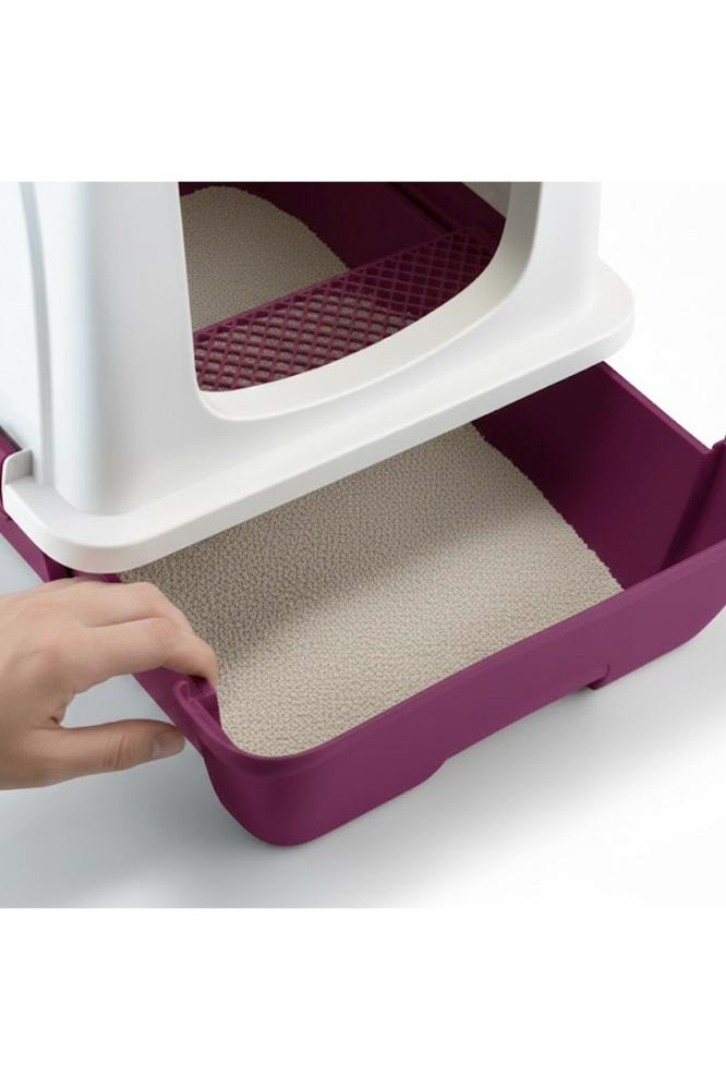 ليتر بوكس مغلق للقطط بدرج سحب وفلتر علوي – بنفسجي وأبيض | Enclosed Cat Litter Box with Pull-Out Tray & Top Filter – Purple & White