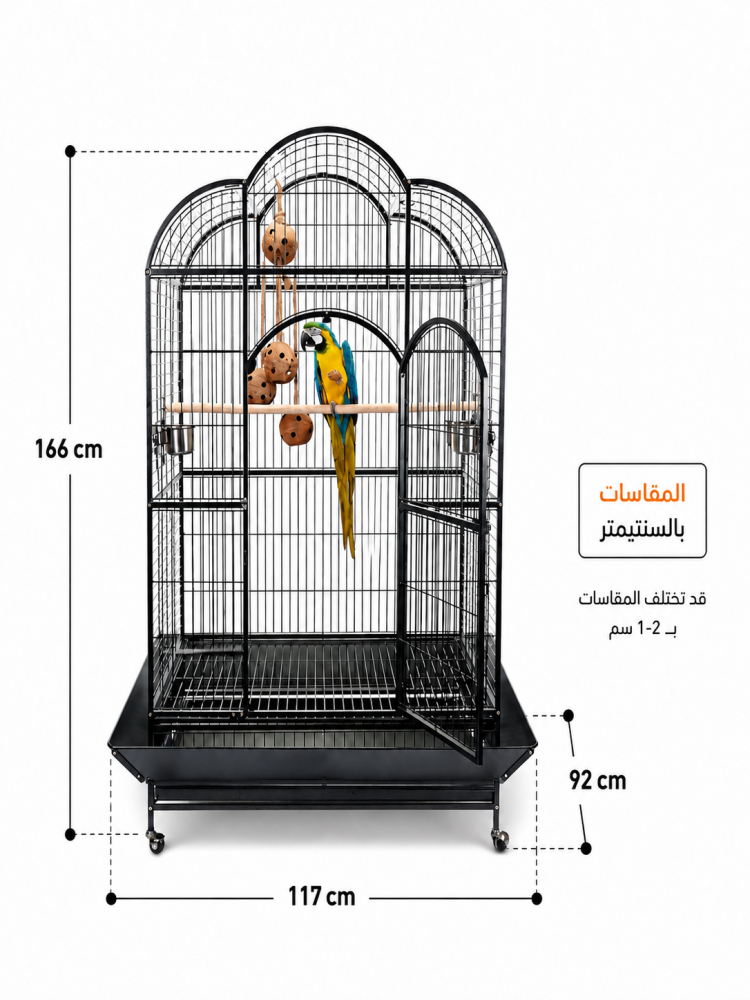 قفص طيور كبير معدني بعجلات وسقف مقوس – أسود