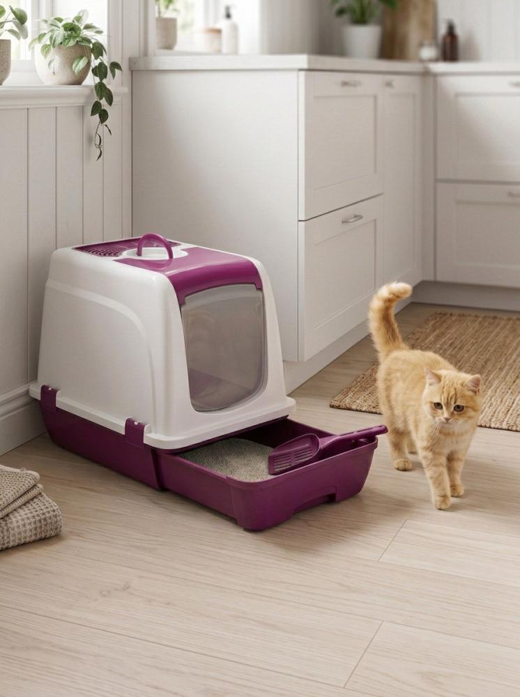 ليتر بوكس مغلق للقطط بدرج سحب وفلتر علوي – بنفسجي وأبيض | Enclosed Cat Litter Box with Pull-Out Tray & Top Filter – Purple & White