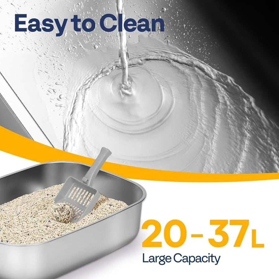 ليتر بوكس مفتوح كبير للقطط بقاعدة ستانلس ستيل مع درجة أمامية ومغرفة | Large Open Stainless Steel Cat Litter Box with Step & Scoop