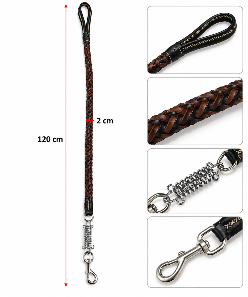 مقود كلاب مضفر بتصميم جلدي مع نابض معدني لامتصاص الشد | Braided Leather-Style Dog Leash with Shock Absorbing Spring