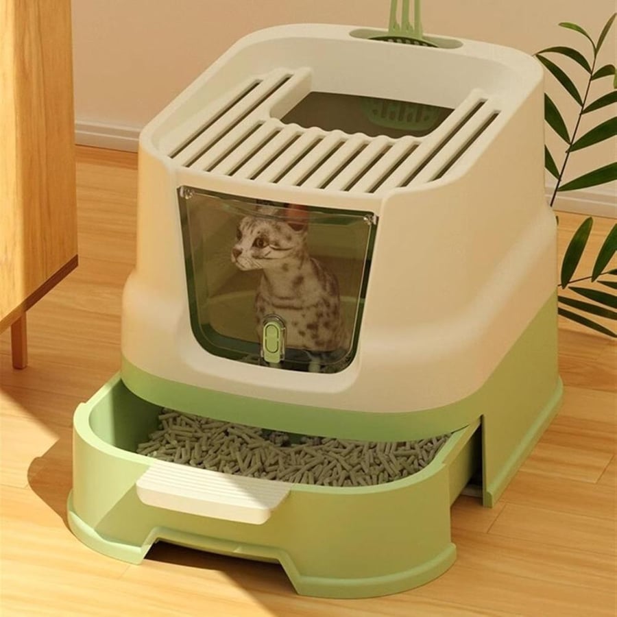 صندوق فضلات مغلق للقطط بمدخل أمامي ومخرج علوي مع درج سحب | Enclosed Cat Litter Box with Front Entry, Top Exit & Pull-Out Tray