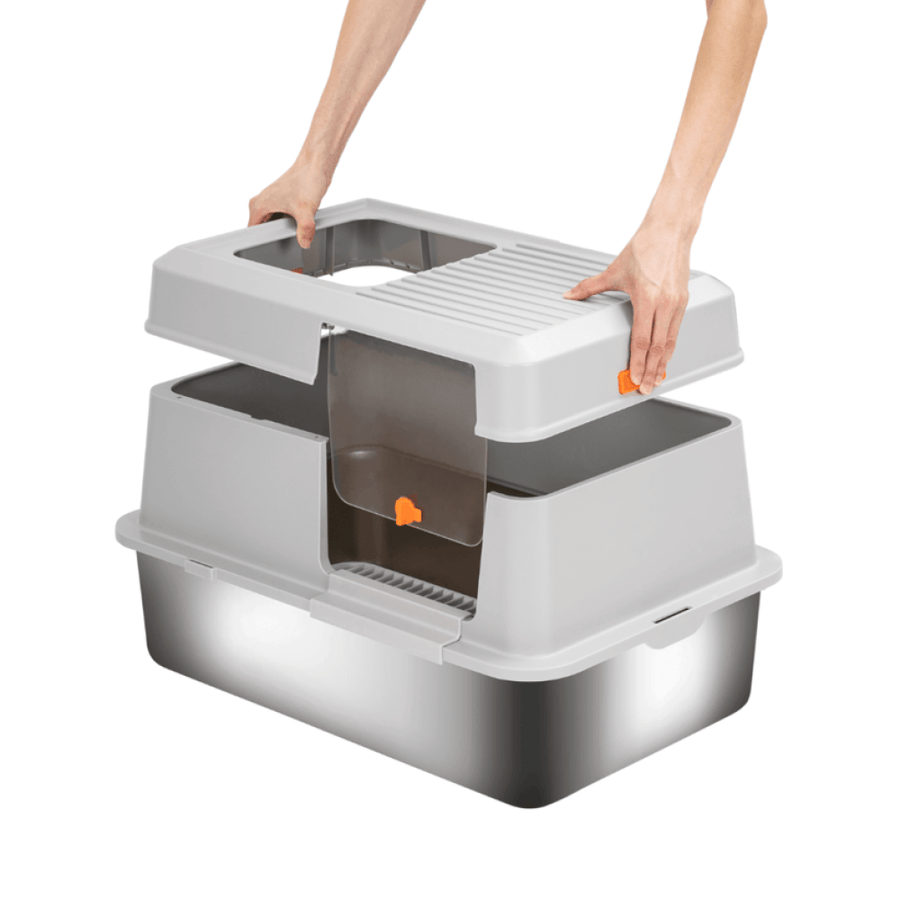 ليتر بوكس مغلق 3 في 1 للقطط بقاعدة ستانلس ستيل مع مدخل علوي ودرجة أمامية | 3-in-1 Enclosed Cat Litter Box with Stainless Steel Base, Top Entry & Step