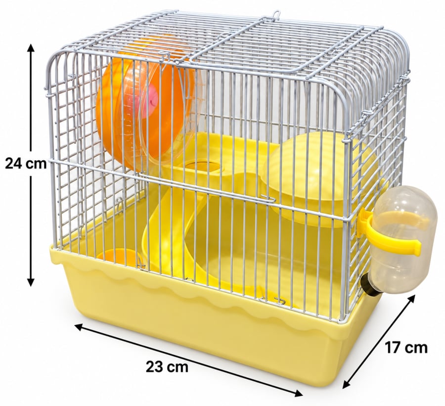 قفص هامستر بطابقين مع بيت وألعاب وإكسسوارات – أصفر | Two-Level Hamster Cage with House & Accessories – Yellow