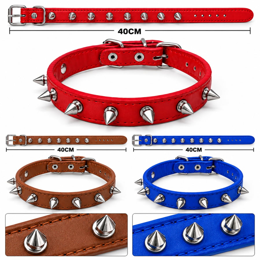 طوق كلاب جلدي مزين بأشواك معدنية فضية – متوفر بعدة ألوان | Studded Leather Dog Collar with Silver Spikes – Available in Multiple Colors