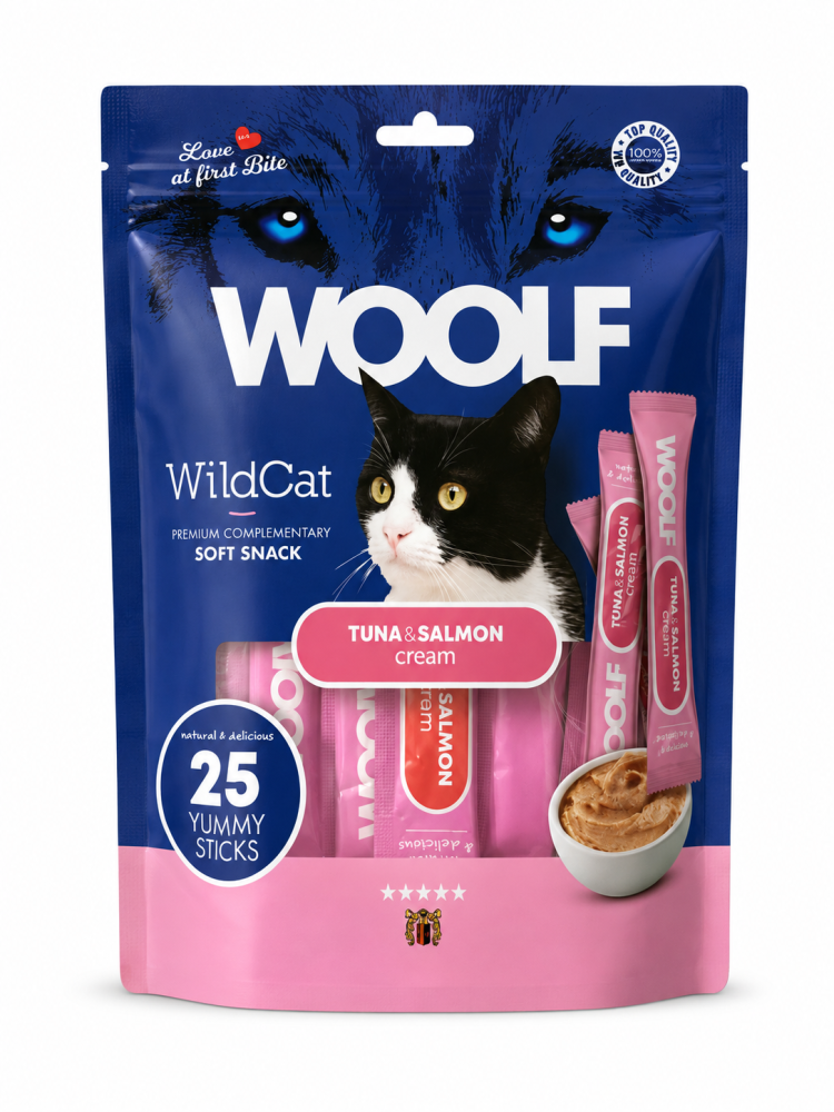 وولف وايلد كات مكافآت كريمية للقطط بالتونة والسلمون 25 عود | Woolf WildCat Tuna & Salmon Cream Cat Treats 25 Sticks