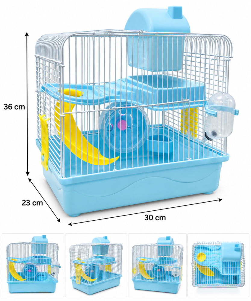 قفص هامستر بطابقين مع برج علوي وألعاب وإكسسوارات – أزرق | Two-Level Hamster Cage with Upper Tower & Accessories – Blue