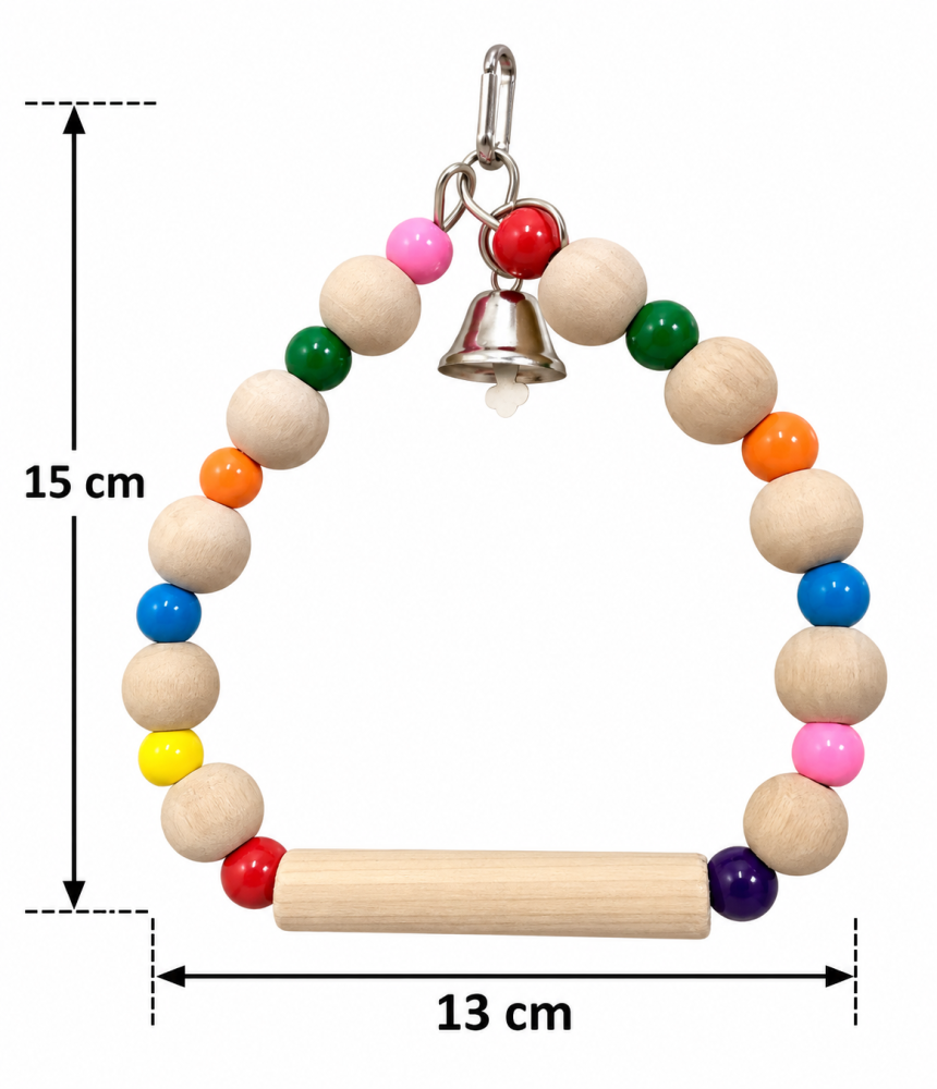 أرجوحة خشبية معلقة للطيور مع خرز ملون وجرس | Hanging Wooden Bird Swing with Colorful Beads and Bell