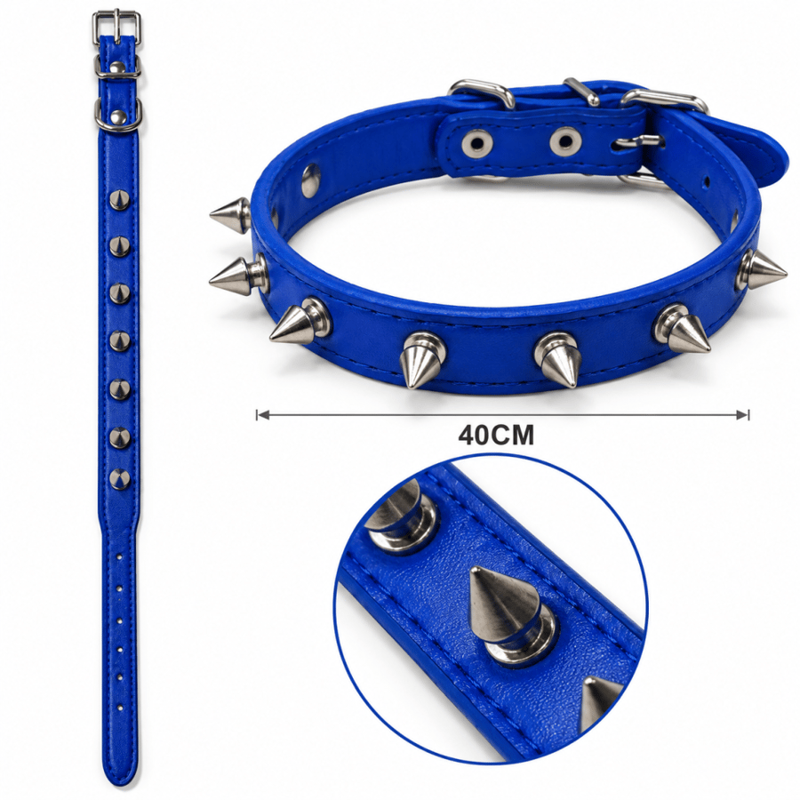 طوق كلاب جلدي مزين بأشواك معدنية فضية – متوفر بعدة ألوان | Studded Leather Dog Collar with Silver Spikes – Available in Multiple Colors