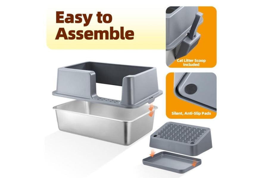 ليتر بوكس مفتوح كبير للقطط بقاعدة ستانلس ستيل مع درجة أمامية ومغرفة | Large Open Cat Litter Box with Stainless Steel Base, Step & Scoop