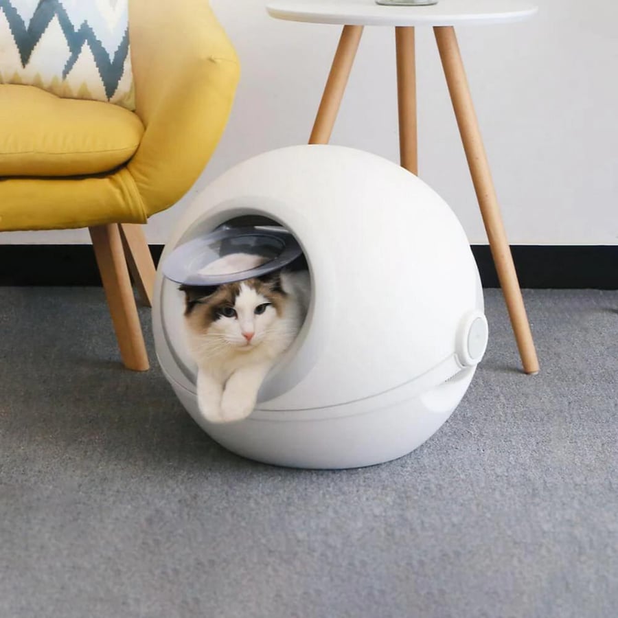 صندوق فضلات مغلق دائري للقطط بغطاء قابل للفتح وفلتر كربوني مع مغرفة | Modern Round Hooded Cat Litter Box with Carbon Filter & Scoop