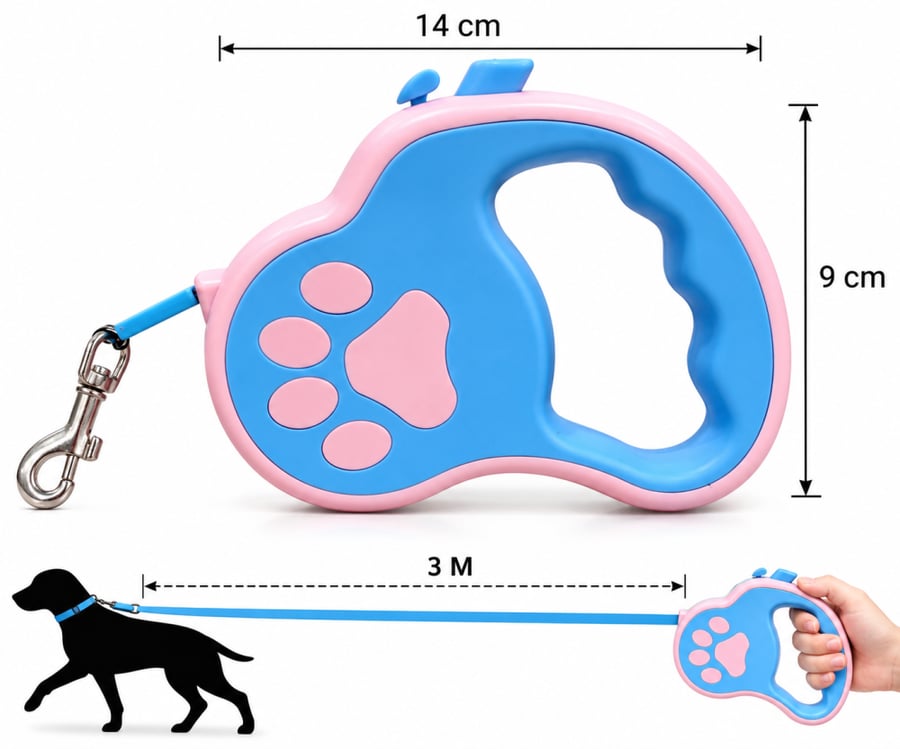 مقود كلاب أوتوماتيكي قابل للسحب بطول 3 متر بتصميم بصمة قدم – أصفر وأسود | Retractable Dog Leash 3M with Paw Print Design – Yellow & Black