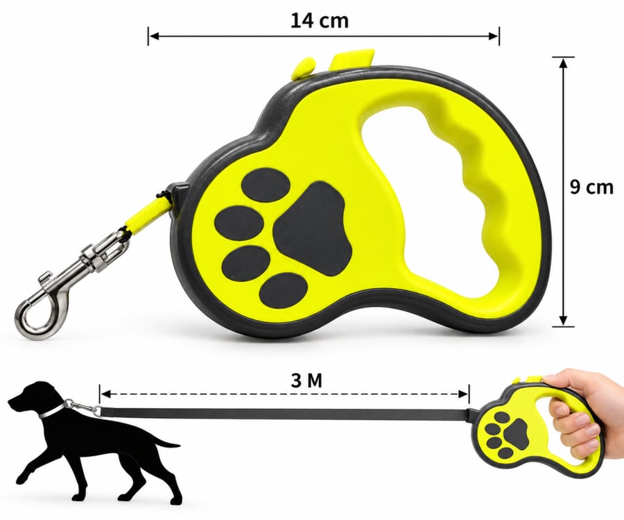 مقود كلاب أوتوماتيكي قابل للسحب بطول 3 متر بتصميم بصمة قدم – أصفر وأسود | Retractable Dog Leash 3M with Paw Print Design – Yellow & Black