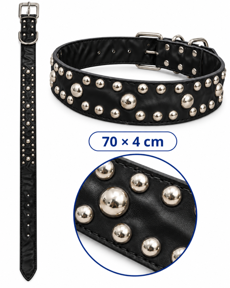 طوق كلاب جلدي مزين بمسامير معدنية فضية – متوفر بعدة ألوان | Studded Leather Dog Collar – Available in Multiple Colors