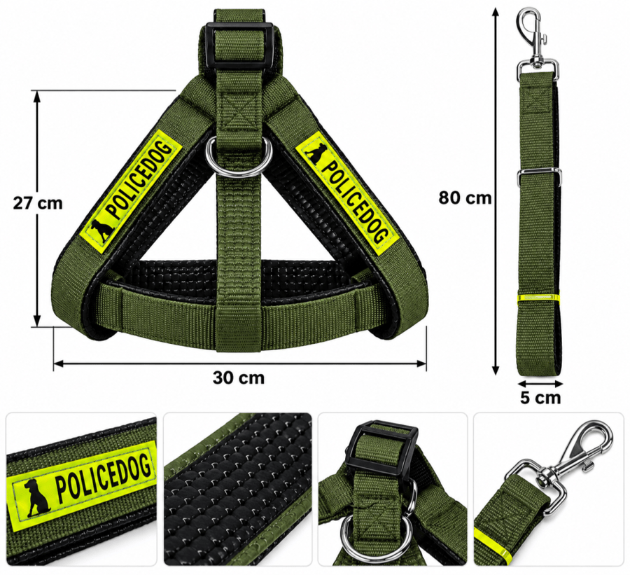 طقم صدر ومقود مبطن للكلاب بوليس دوج – متوفر بعدة ألوان | Police Dog Padded Harness and Leash Set – Available in Multiple Colors