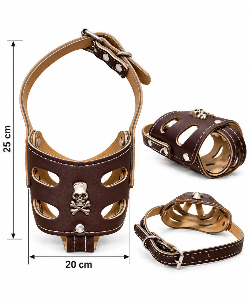 كمامة جلدية للكلاب بتصميم جمجمة معدنية – متوفرة بعدة مقاسات | Leather-Look Dog Muzzle with Metal Skull Emblem – Available in Multiple Sizes