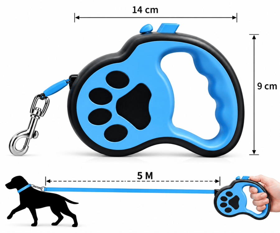 مقود كلاب أوتوماتيكي قابل للسحب بطول 5 متر بتصميم بصمة قدم – أزرق وأسود | Retractable Dog Leash 5M with Paw Print Design – Blue & Black
