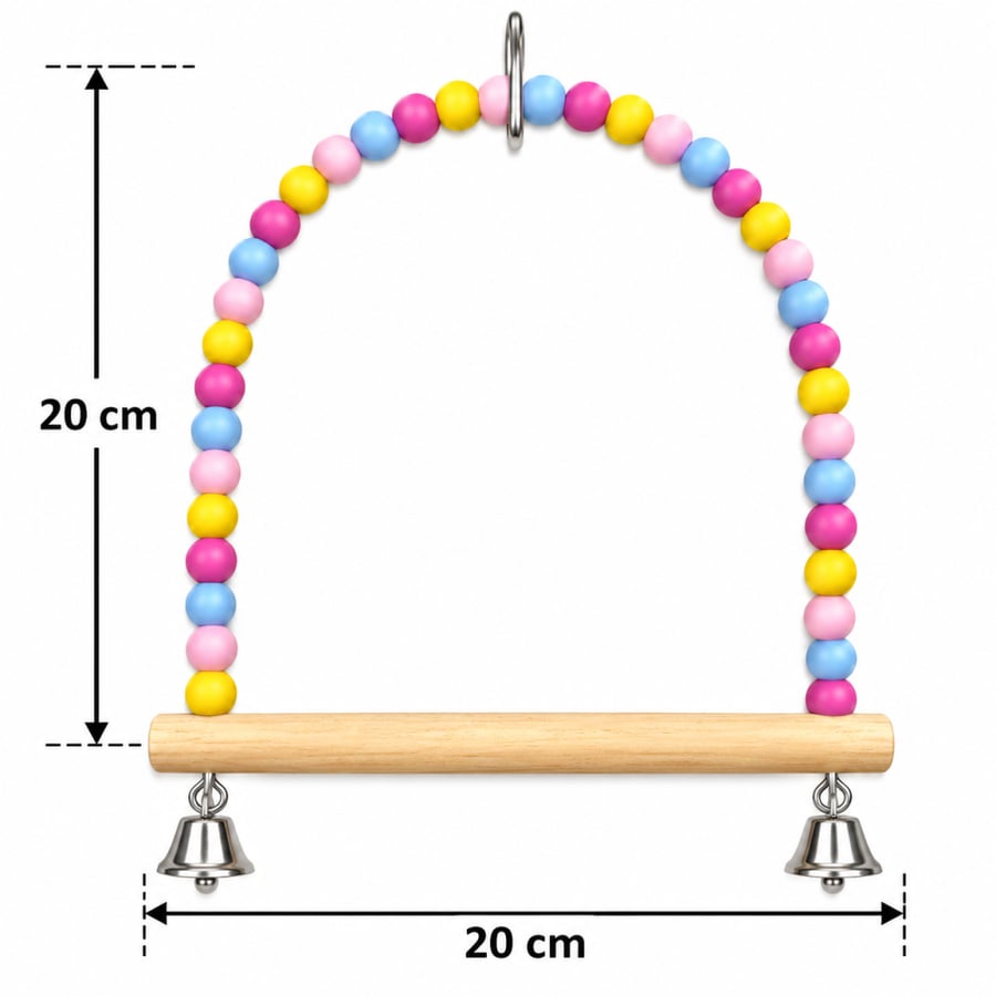 أرجوحة خشبية للطيور مع خرز ملون وأجراس | Wooden Bird Swing with Colorful Beads and Bells