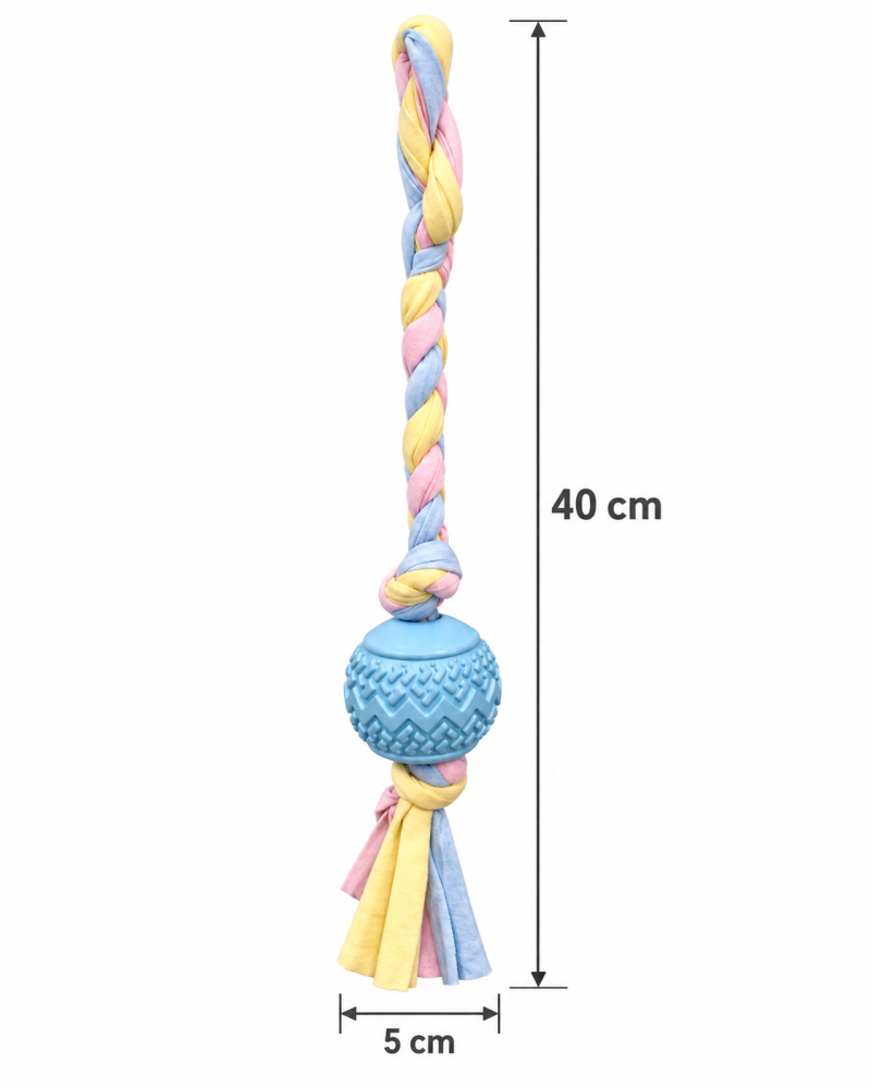 لعبة حبل مضفر مع كرة مطاطية للكلاب – متوفرة بعدة ألوان | Braided Rope Dog Toy with Rubber Ball – Available in Multiple Colors