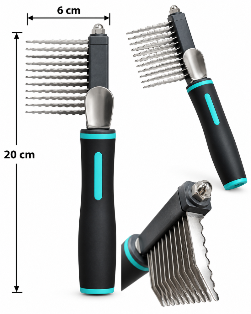 مشط فك تشابك الشعر وإزالة التلبد للقطط والكلاب بأسنان معدنية – أسود وتركوازي | Pet Dematting & Detangling Grooming Rake for Cats & Dogs – Black & Turquoise