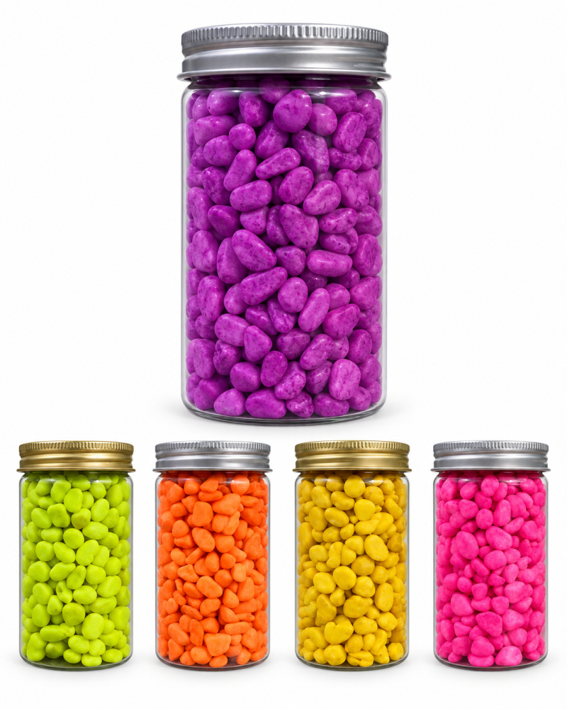حصى زينة ملون لأحواض الأسماك متوفر بعدة ألوان | Colorful Decorative Aquarium Gravel – Multiple Colors  الوصف: حصى زينة ملون بتصميم جذاب لإضافة لمسة حيوية ومميزة إلى ديكور أحواض الأسماك.  يمكن استخدامه لتغطية أرضية الحوض وتنسيقه مع النباتات والمجسمات والصخ