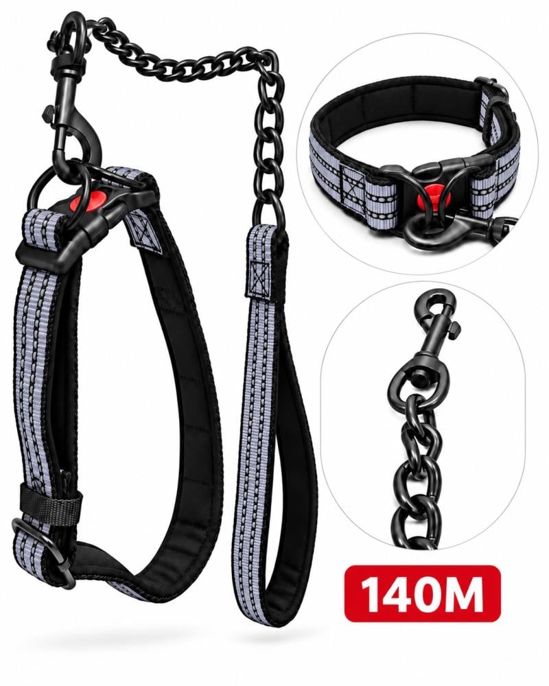 طوق ومقود كلاب مبطن مع سلسلة معدنية – متوفر بعدة ألوان | Padded Dog Collar & Leash Set with Metal Chain – Available in Multiple Colors
