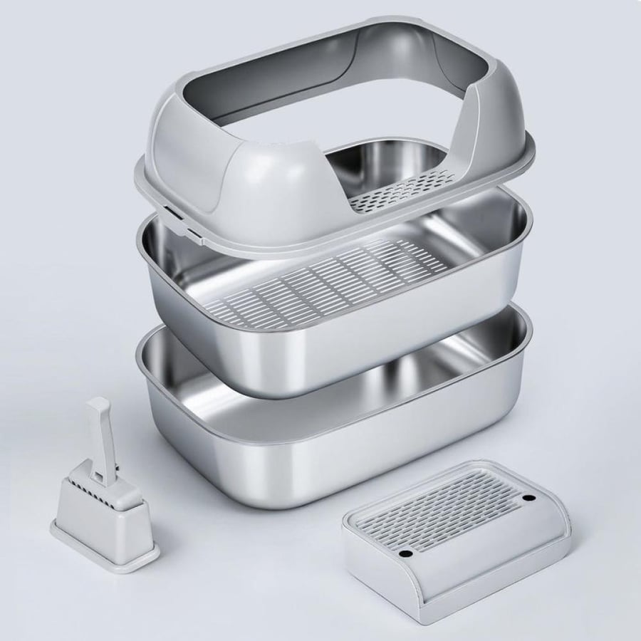 ليتر بوكس مفتوح للقطط بقاعدة ستانلس ستيل مع درجة أمامية ومغرفة | Open Cat Litter Box with Stainless Steel Base, Step & Scoop