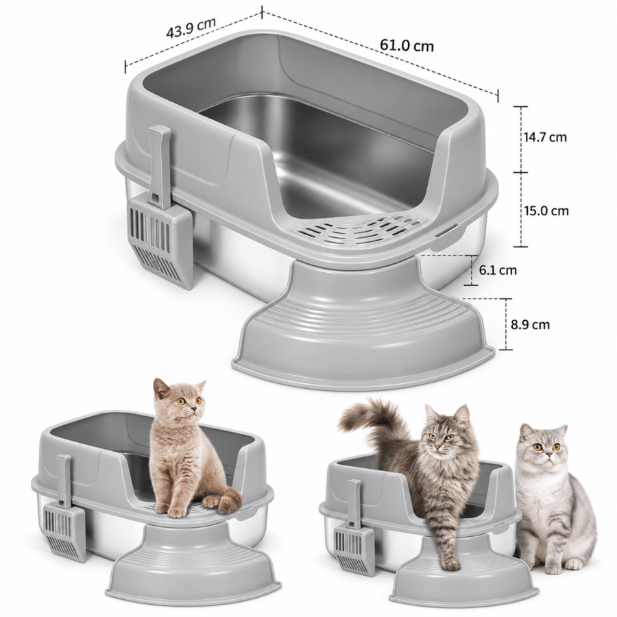 ليتر بوكس مفتوح كبير للقطط بقاعدة ستانلس ستيل مع درجة أمامية ومغرفة | Large Open Stainless Steel Cat Litter Box with Step & Scoop