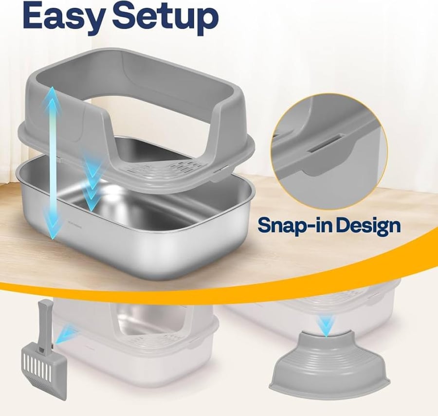 ليتر بوكس مفتوح كبير للقطط بقاعدة ستانلس ستيل مع درجة أمامية ومغرفة | Large Open Stainless Steel Cat Litter Box with Step & Scoop