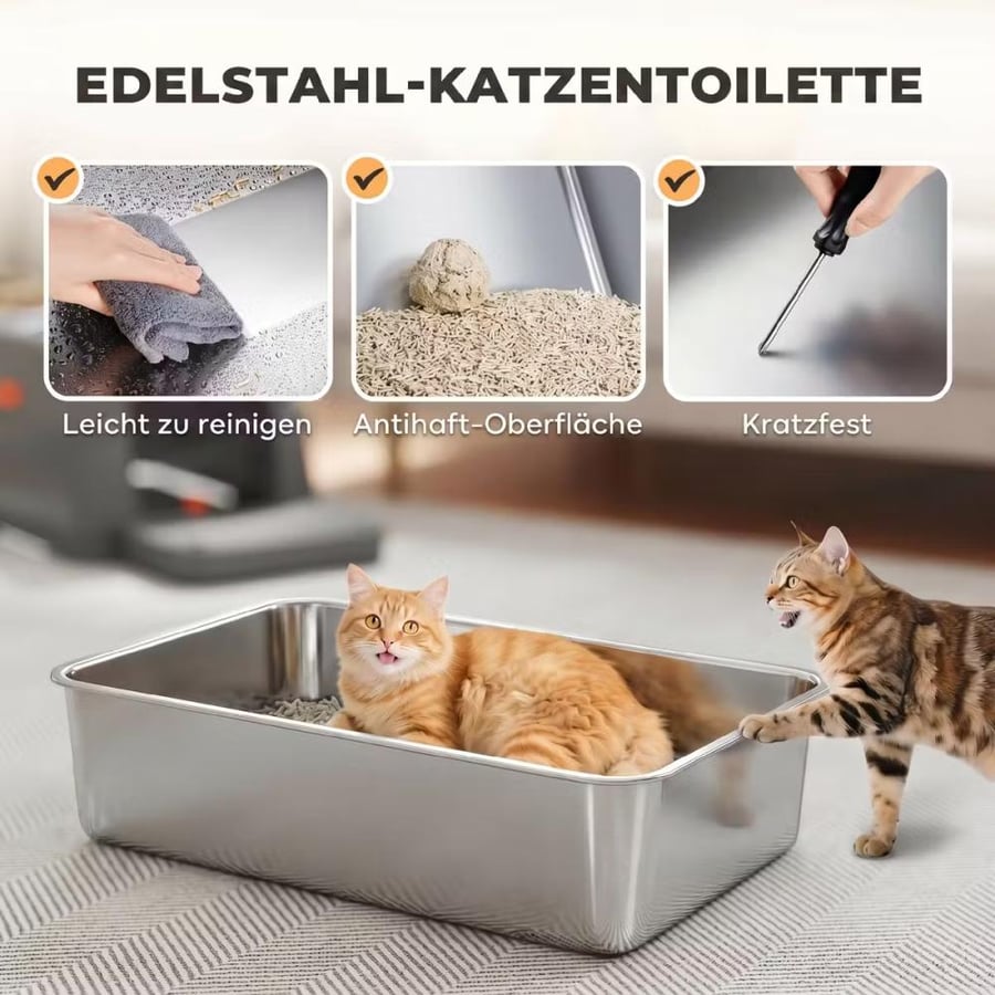 ليتر بوكس مغلق كبير للقطط بقاعدة ستانلس ستيل مع درج أمامي ومغرفة | Large Enclosed Stainless Steel Cat Litter Box with Step & Scoop