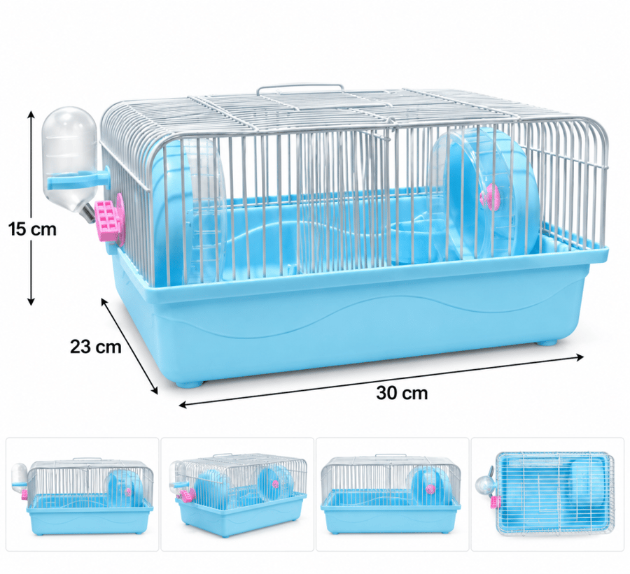 قفص هامستر صغير مع عجلتي جري ومشربية ماء – أزرق | Small Hamster Cage with Two Exercise Wheels & Water Bottle – Blue