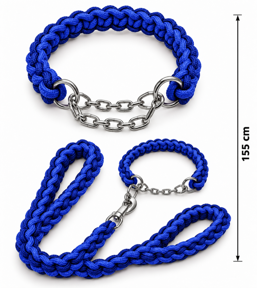 طوق ومقود كلاب من الحبال المضفرة مع سلسلة معدنية – متوفر بعدة ألوان | Braided Rope Dog Collar & Leash Set with Metal Chain – Available in Multiple Colors