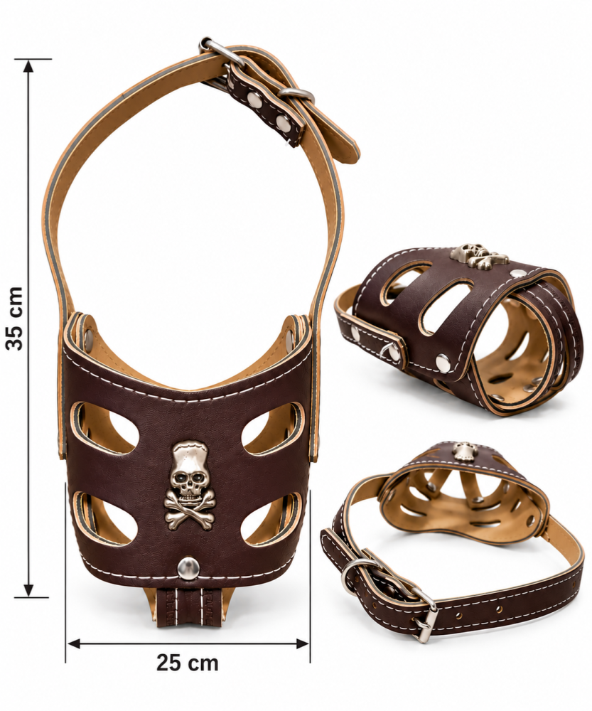 كمامة جلدية للكلاب بتصميم جمجمة معدنية – متوفرة بعدة مقاسات | Leather-Look Dog Muzzle with Metal Skull Emblem – Available in Multiple Sizes