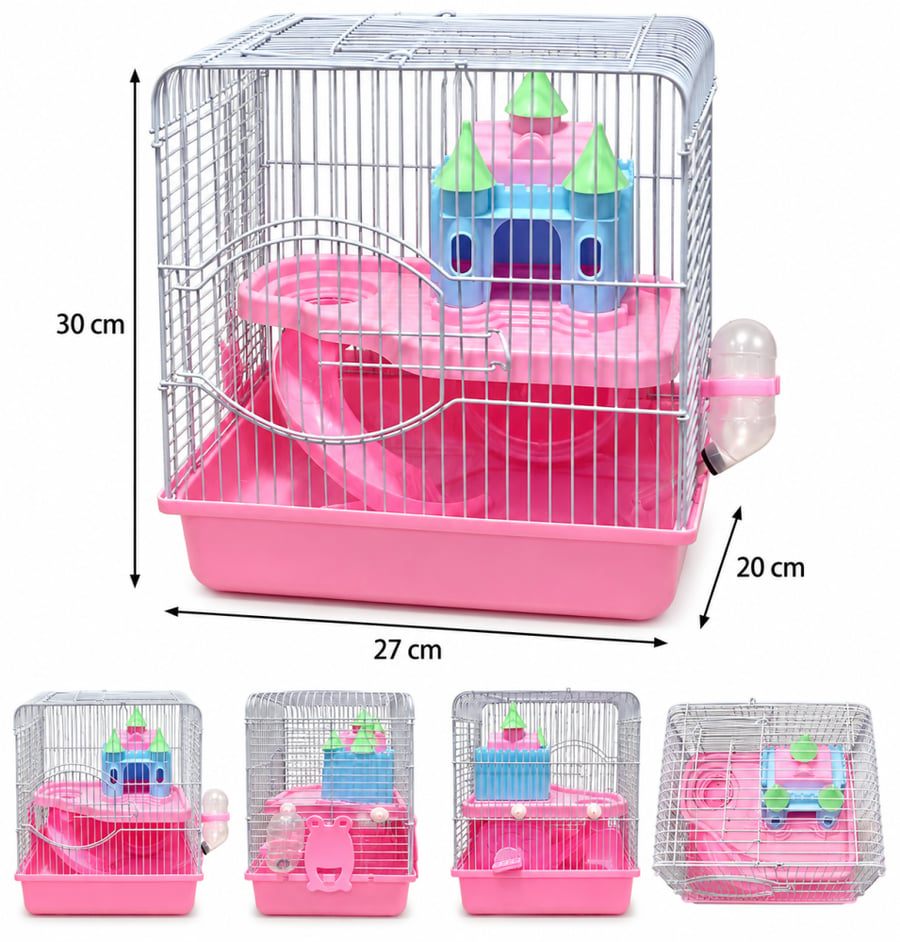 قفص هامستر وردي متعدد الطوابق مع بيت على شكل قلعة | Pink Multi-Level Hamster Cage with Castle House