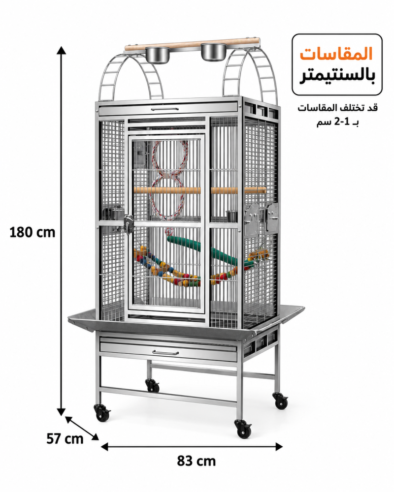 قفص طيور وببغاوات معدني كبير بعجلات ومنطقة لعب علوية – فضي