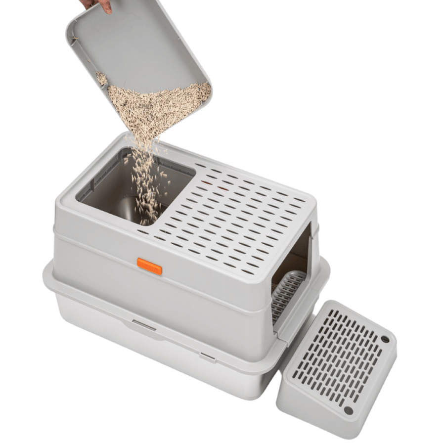 ليتر بوكس مغلق 3 في 1 للقطط بقاعدة ستانلس ستيل مع مدخل علوي ودرجة أمامية | 3-in-1 Enclosed Cat Litter Box with Stainless Steel Base, Top Entry & Step
