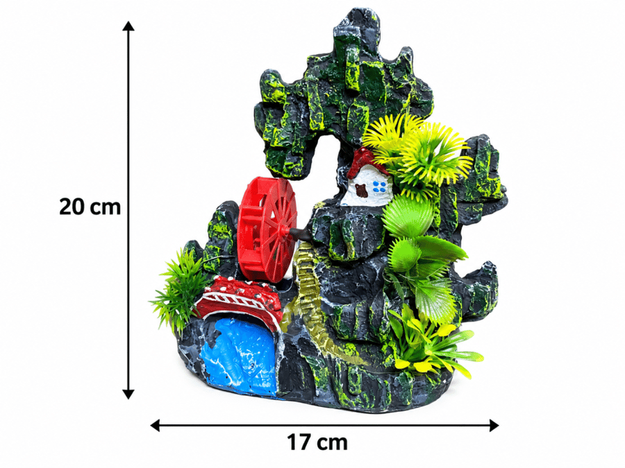 مجسم شلال صخري مع طاحونة ونباتات للزينة داخل أحواض الأسماك | Rocky Waterfall with Water Wheel & Plants Aquarium Decoration
