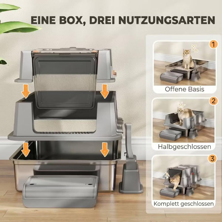 ليتر بوكس مغلق كبير للقطط بقاعدة ستانلس ستيل مع درج أمامي ومغرفة | Large Enclosed Stainless Steel Cat Litter Box with Step & Scoop