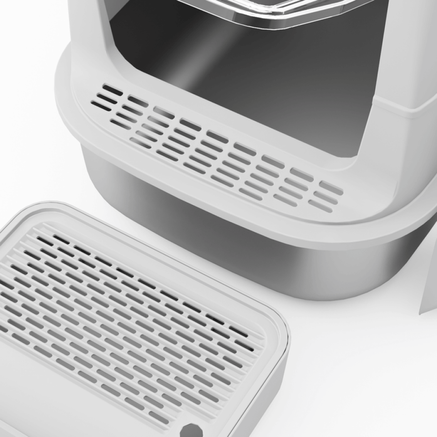 ليتر بوكس مغلق للقطط بقاعدة ستانلس ستيل مع درجة أمامية ومغرفة | Enclosed Stainless Steel Cat Litter Box with Step & Scoop