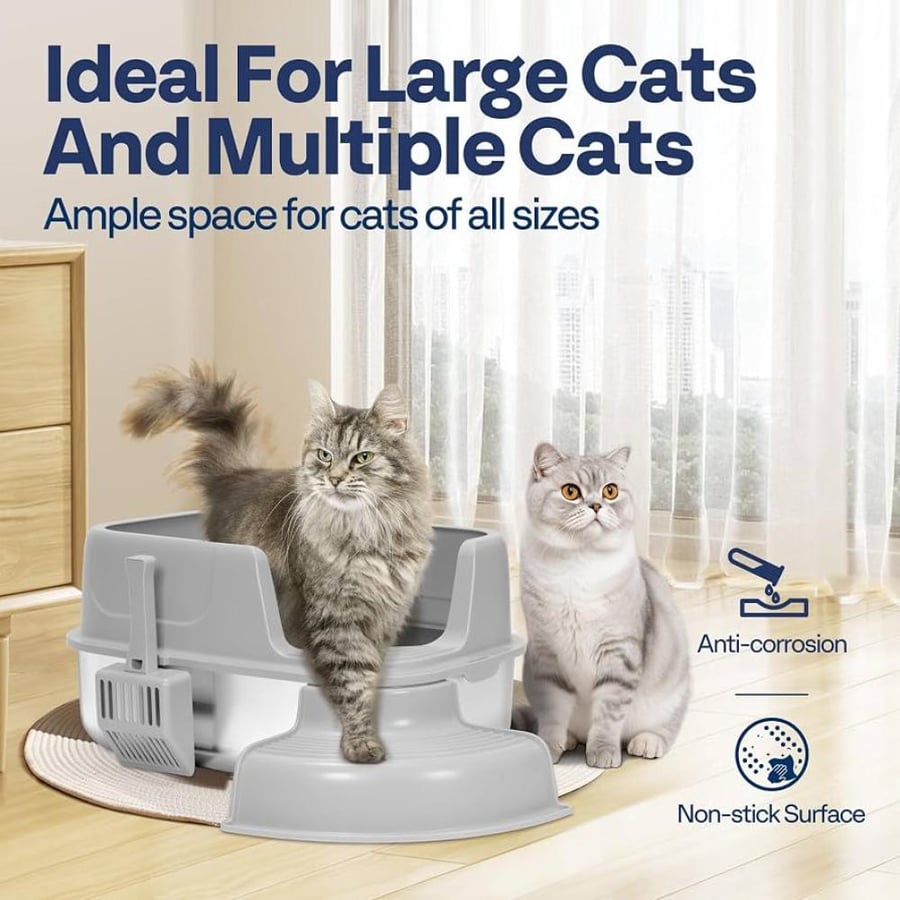 ليتر بوكس مفتوح كبير للقطط بقاعدة ستانلس ستيل مع درجة أمامية ومغرفة | Large Open Stainless Steel Cat Litter Box with Step & Scoop