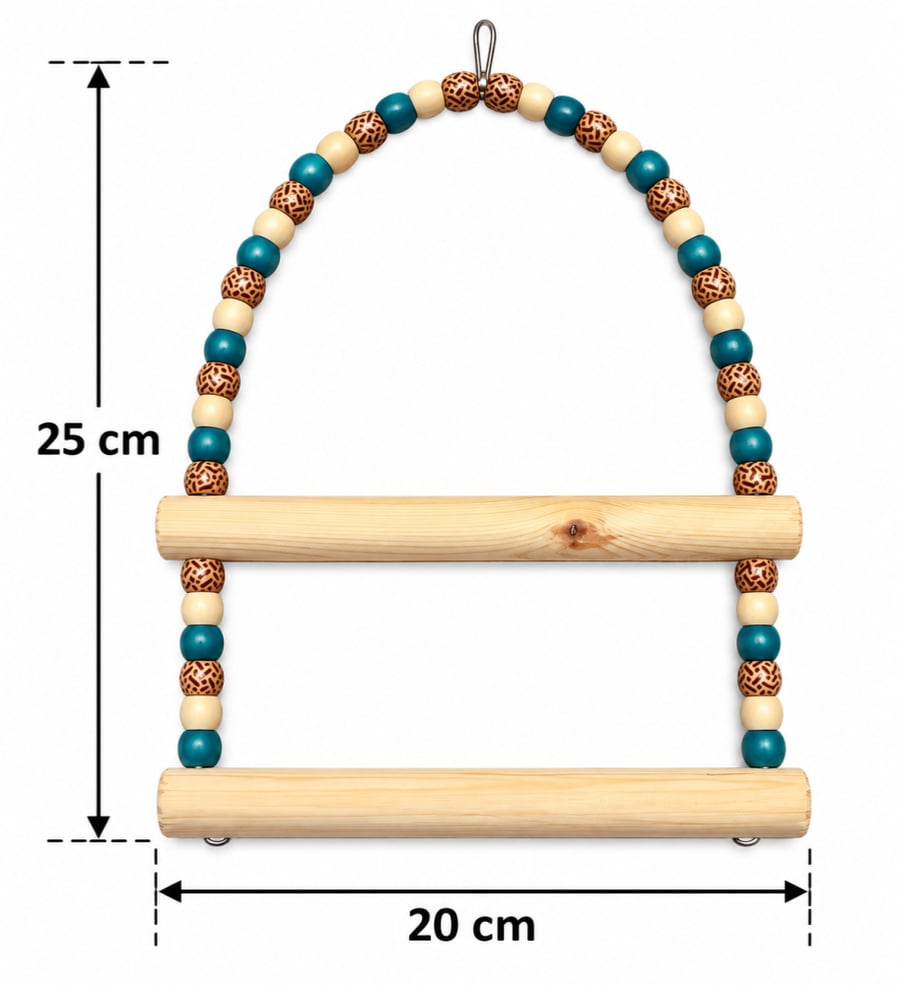 أرجوحة خشبية مزدوجة للطيور مع خرز ملون | Double Wooden Bird Swing with Colorful Beads