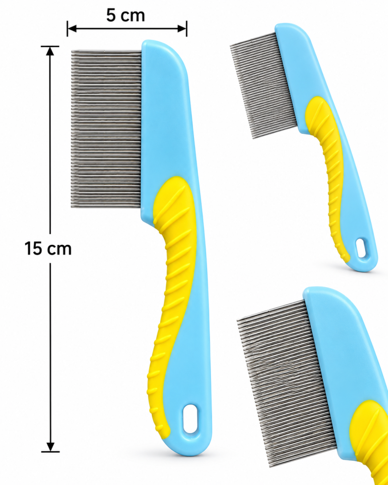 مشط إزالة البراغيث والقمل للقطط والكلاب بأسنان معدنية دقيقة – أزرق وأصفر | Fine-Tooth Flea & Lice Comb for Cats & Dogs – Blue & Yellow