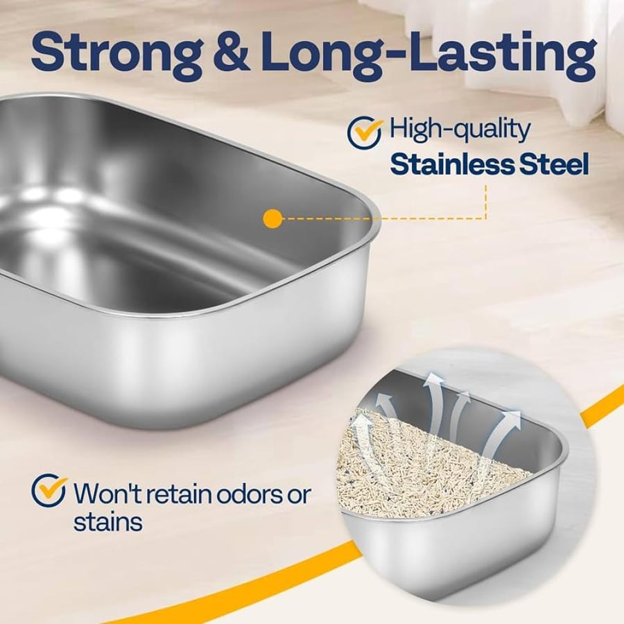 ليتر بوكس مفتوح كبير للقطط بقاعدة ستانلس ستيل مع درجة أمامية ومغرفة | Large Open Stainless Steel Cat Litter Box with Step & Scoop