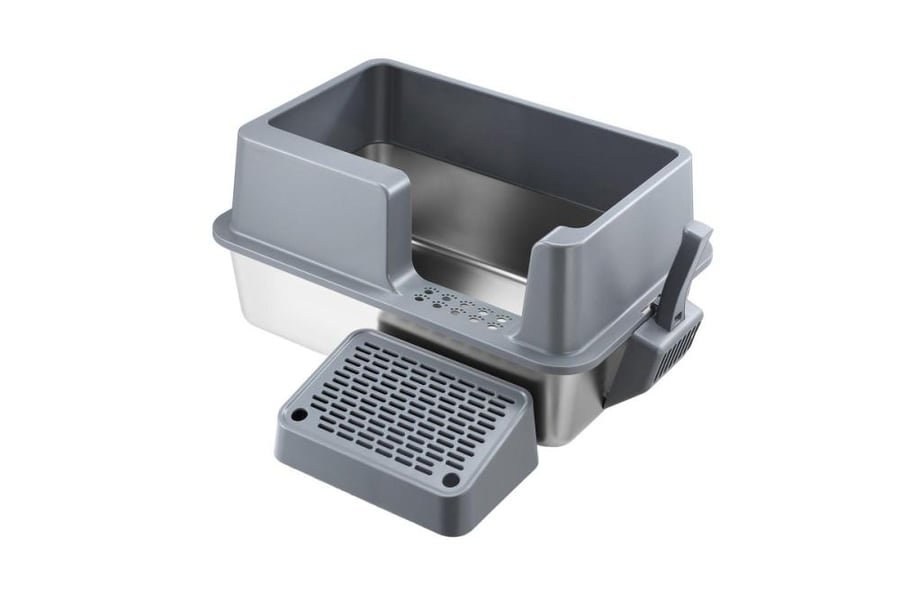 ليتر بوكس مفتوح كبير للقطط بقاعدة ستانلس ستيل مع درجة أمامية ومغرفة | Large Open Cat Litter Box with Stainless Steel Base, Step & Scoop