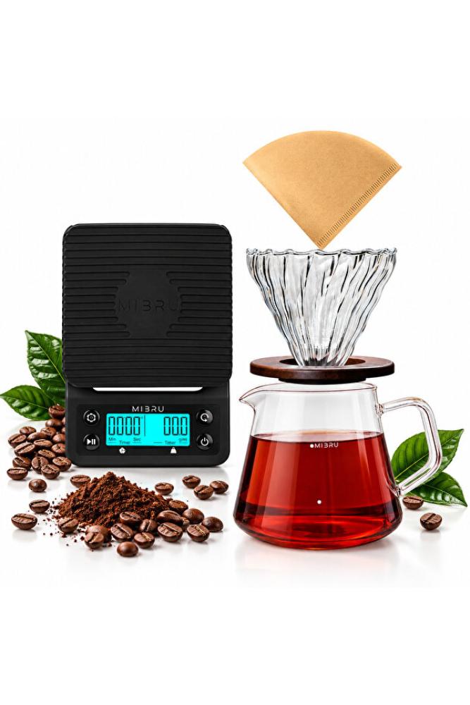 ماكينة تحضير القهوة اليدوية V60 Coffee، 4 قطع، مع مقياس وقمع وفلتر وأداة تقديم، مجموعة 02 سوداء