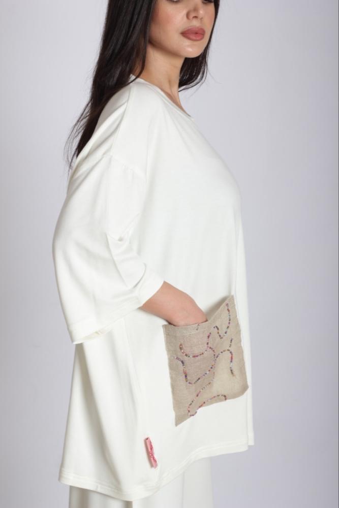 Cotton fabric suit with pockets, Linen embroidered with beads