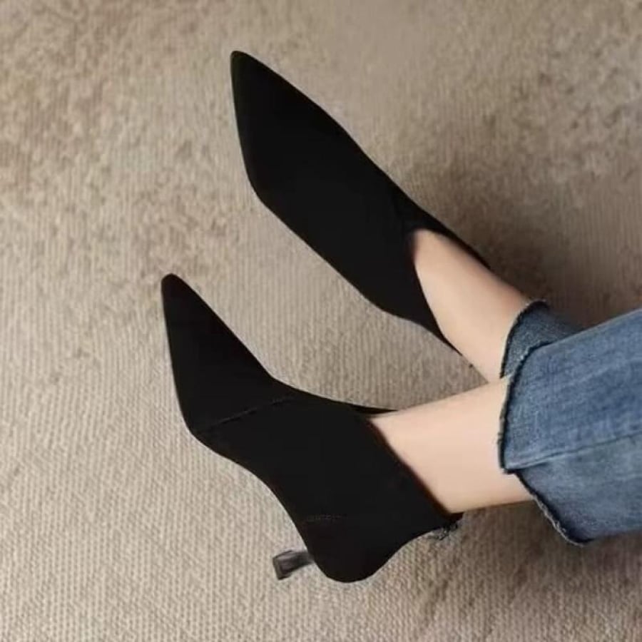 بوت نسائي جلد غزال بني مقدمة مدببة كعب منخفض سحاب