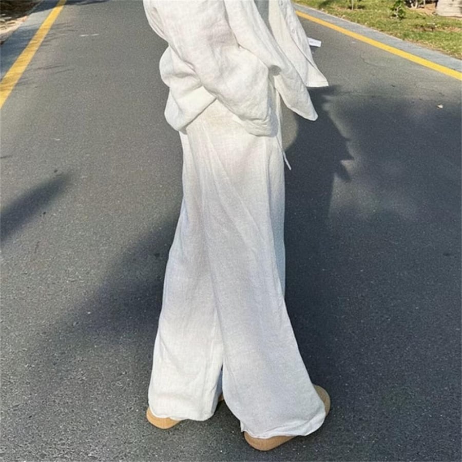 بنطال مكتب واسع بخصر مرن أبيض