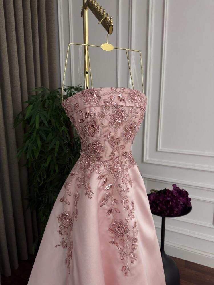 Elegant evening dress, Mikado, embroidered with beads, double flared